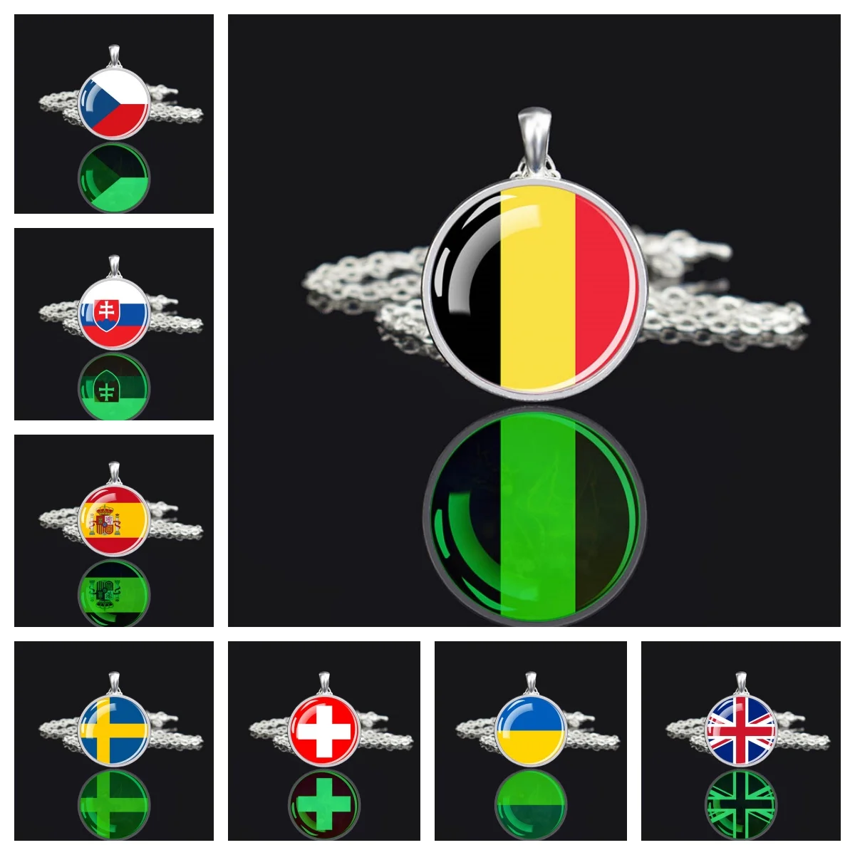 European National Flag Dome Glass Silver Pendant Necklace France Italy Spain Poland Netherlands Ireland Country Flag Necklace