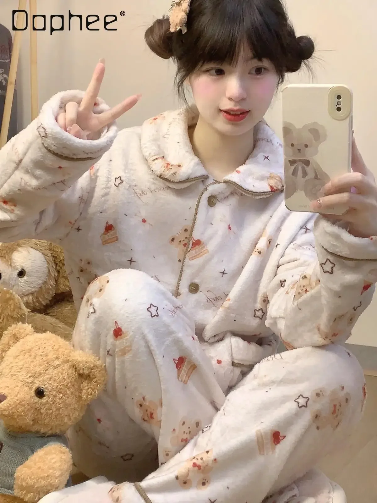 Bear Print Pajamas Flannel Autumn and Winter Long Sleeved Lapel Single Breasted Suit Loungewear for Women Sleepwear Cute Soft