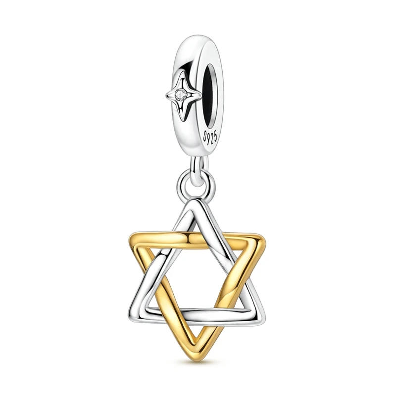 925 Sterling Silver Charms Bead CZ Zircon Gold Hollow Hexagram Dangle Fit Original Bracelet DIY Women Jewelry Gift