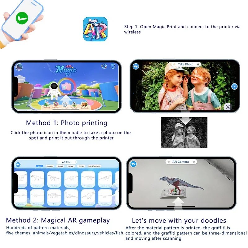 Kids AR Portable Printer Thermal Paper Stickers Paper Mini Portable Printer Thermal Printing Pocket Printer Photo Printers Toys