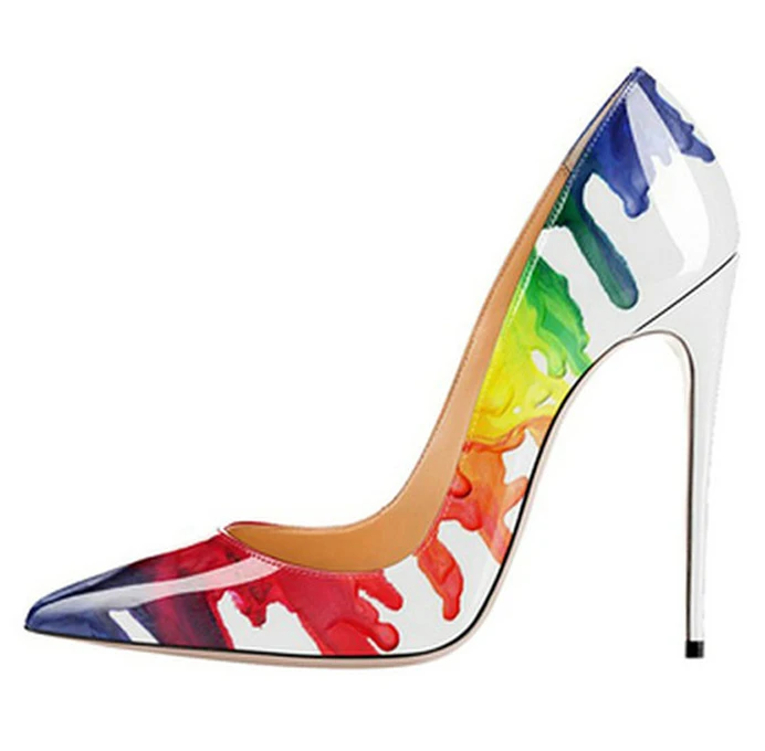 

Woman Sexy Multi Pumps Watercolour Splash Ink Patent Leather High Heels Pointed Toe Wedding Stiletto Slip-On Dress heel