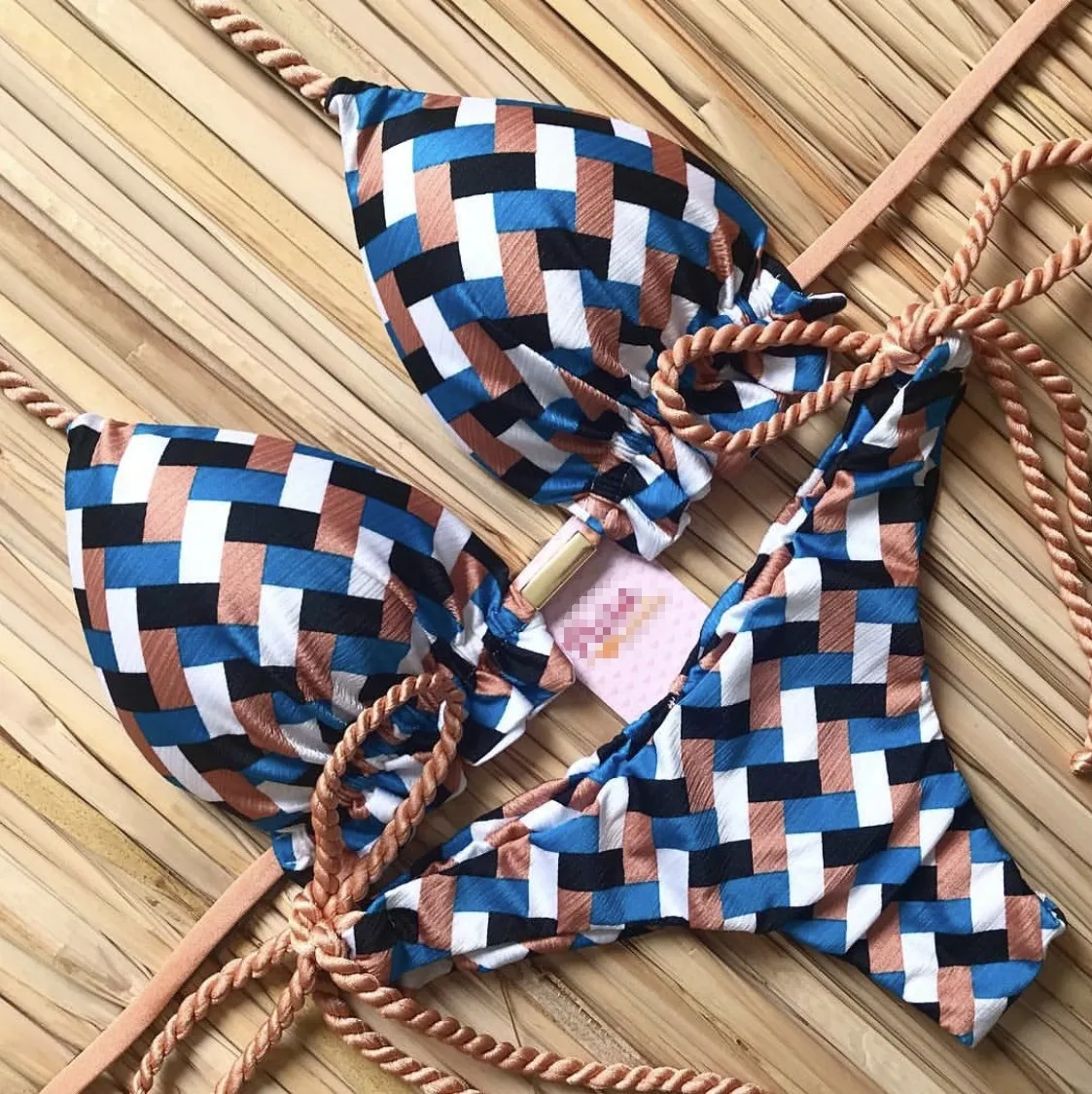 2024 New Swimwear Plaid Printed Split Swimsuit Women's European and American Sexy Bikini