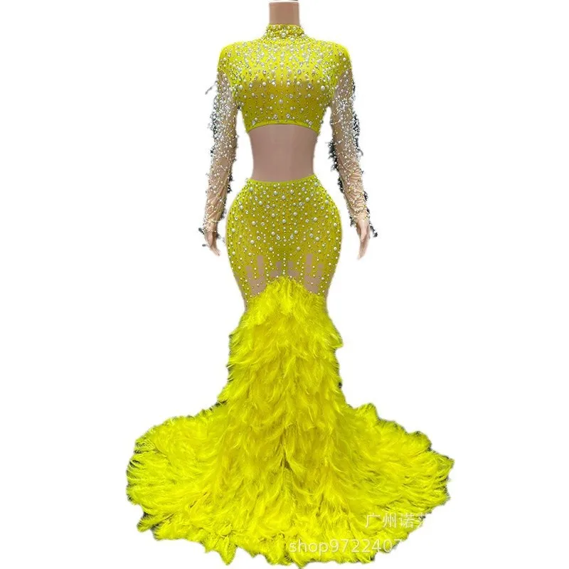 فاخر لؤلؤة الماس سبليت قطعتين ريشة مزاجه فستان شركة الاجتماع السنوي المرأة الراقية فستان Vestido Para igreja