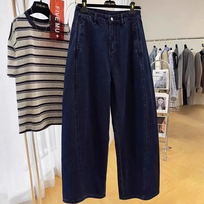 

Мужские повседневные джинсы больших размеров с широкими штанинами, летние свободные джинсовые брюки с карманами и дизайнерскими вставками, эффект потертости