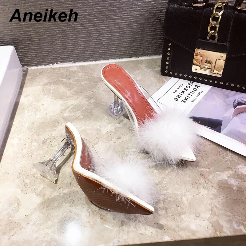 Aneikeh 2024 estate PVC trasparente sandalo piuma tacchi alti pantofole di pelliccia donna Peep Toe Mules Lady Pumps Slides Shoes 35-42