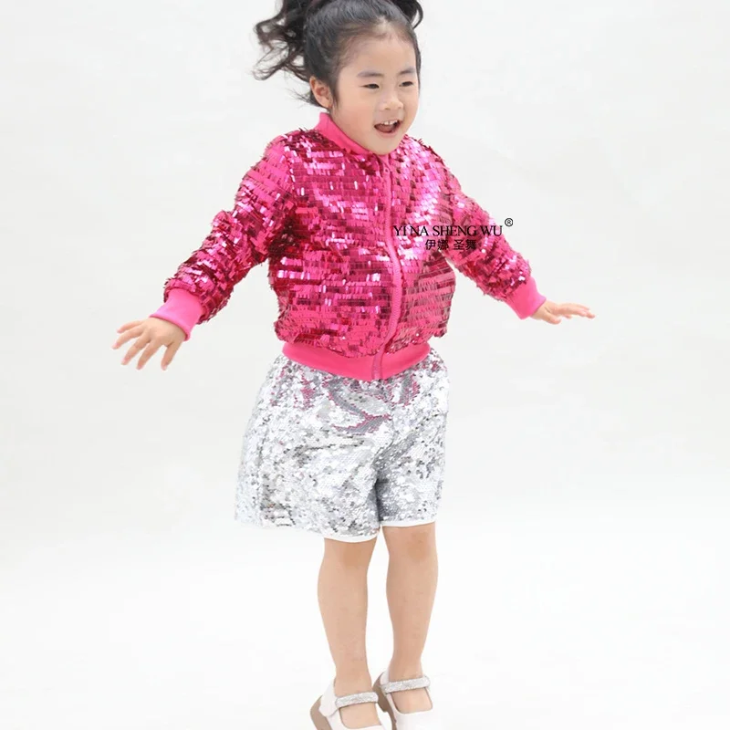 Kurtka z cekinami dla dzieci do tańca jazzowego, chłopięca i dziewczęca, odzież do hip hopu i tańca nowoczesnego, długi rękaw, zapinana na zamek, kurtka wiosenno-jesienna dla dzieci.