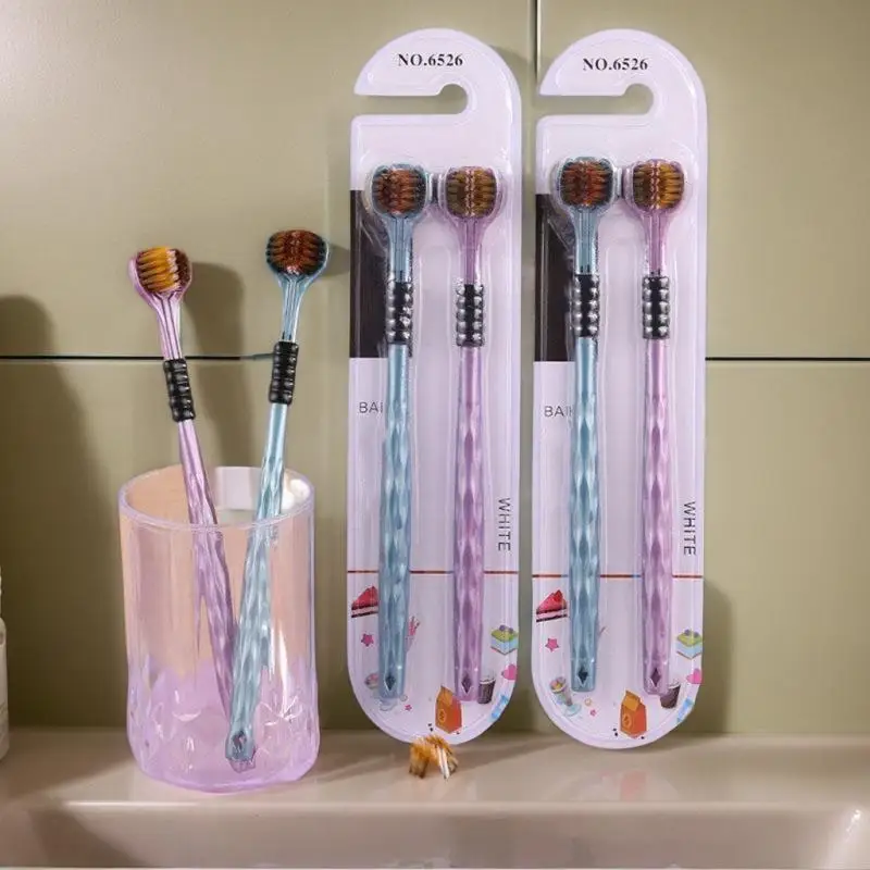 2 قطعة ثلاثية الأبعاد ستيريو ثلاثة جوانب فرشاة الأسنان فائقة غرامة لينة الشعر الكبار فرشاة الأسنان اللسان مكشطة العناية بالفم 360 °   تنظيف فرشاة الأسنان