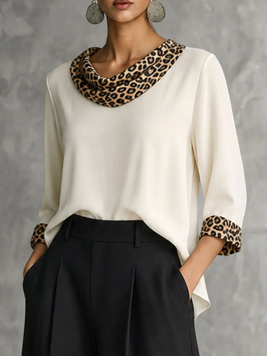 Bonboho Women Elegant Satin Blouse Cowl Neck Leopard Print Spliced Three Quater Sleeve Loose Fit Casual Ladies T-shirt Top Shirt