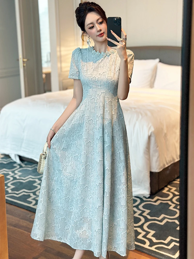 Women's Exquisite Elegant Party Dress Lady Pearl Flowers Trim Swing Long Robe Feminine Tea Party Vestido Prom Banquet Gown Femme