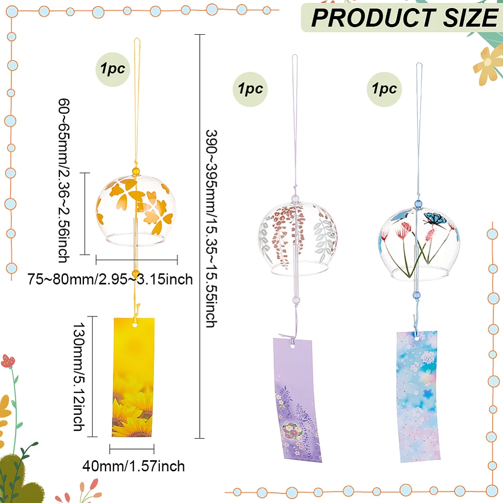 3 PCS 3 Colours Glass Round Wind Chimes Light Sky Blue Light Golden Yellow Light Purple Wind Chimes with Paper Blessing Pendant