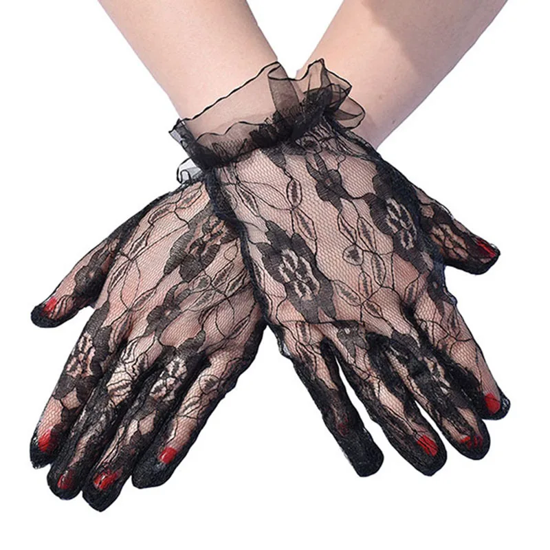 

Sexy Lace Gloves Women Wedding Dress Mesh Transparent Black Silk Elastic Thin Short Breathable Summer Sunscreen Mittens S78