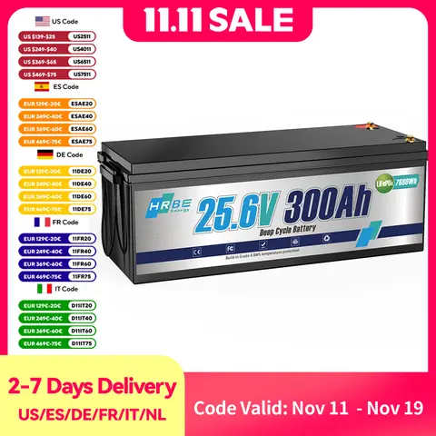 Batería de litio LiFePO4 HRBEEnergy de 24V y 300Ah, batería de fosfato de hierro y litio BMS de 200A 7680W para almacenamiento de energía Solar, energía de respaldo