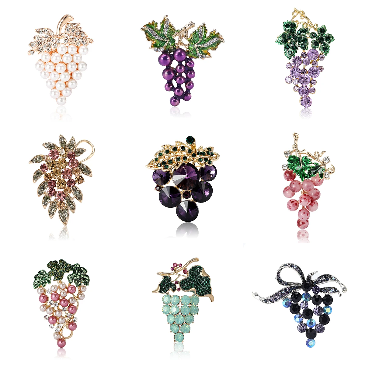 Crystal Grape Brooches for Women Unisex Fruit Plant Pins Multi-color Available Casual Party Accessories Gifts