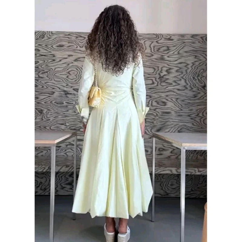 Automne nouveau Sle femmes couleur Pure longue Sve taille plissée en Midi Dr irt Sle trajet vent fibre de Polyester a-ligne S...