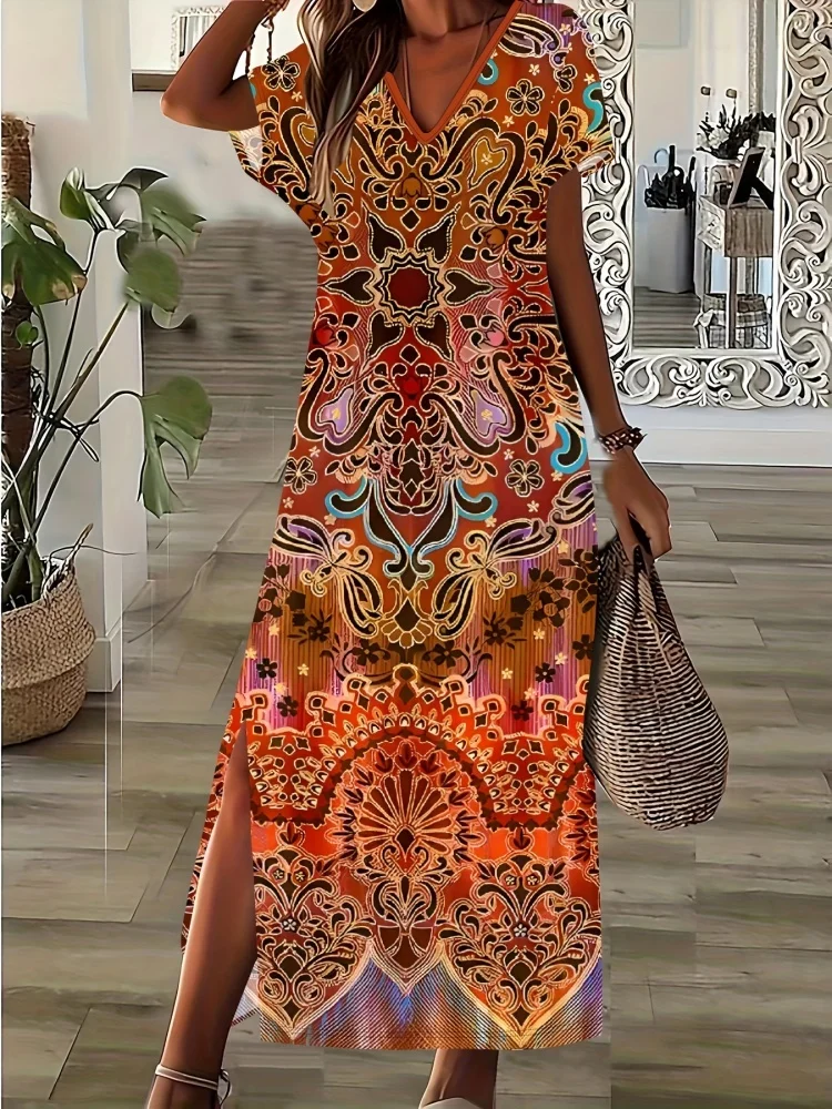 

2025 New Vintage Style Ethnic Print Women's Long Dress Summer Casual Women's V-neck Dress Outdoor Street Fashion Women's Dress