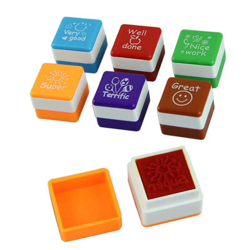 6Pcs Comment Stamper Praise Reward Cute Kid Encourage Stamp English Teacher Seal Water Self-Inking DIY School Scrapbooking Toys