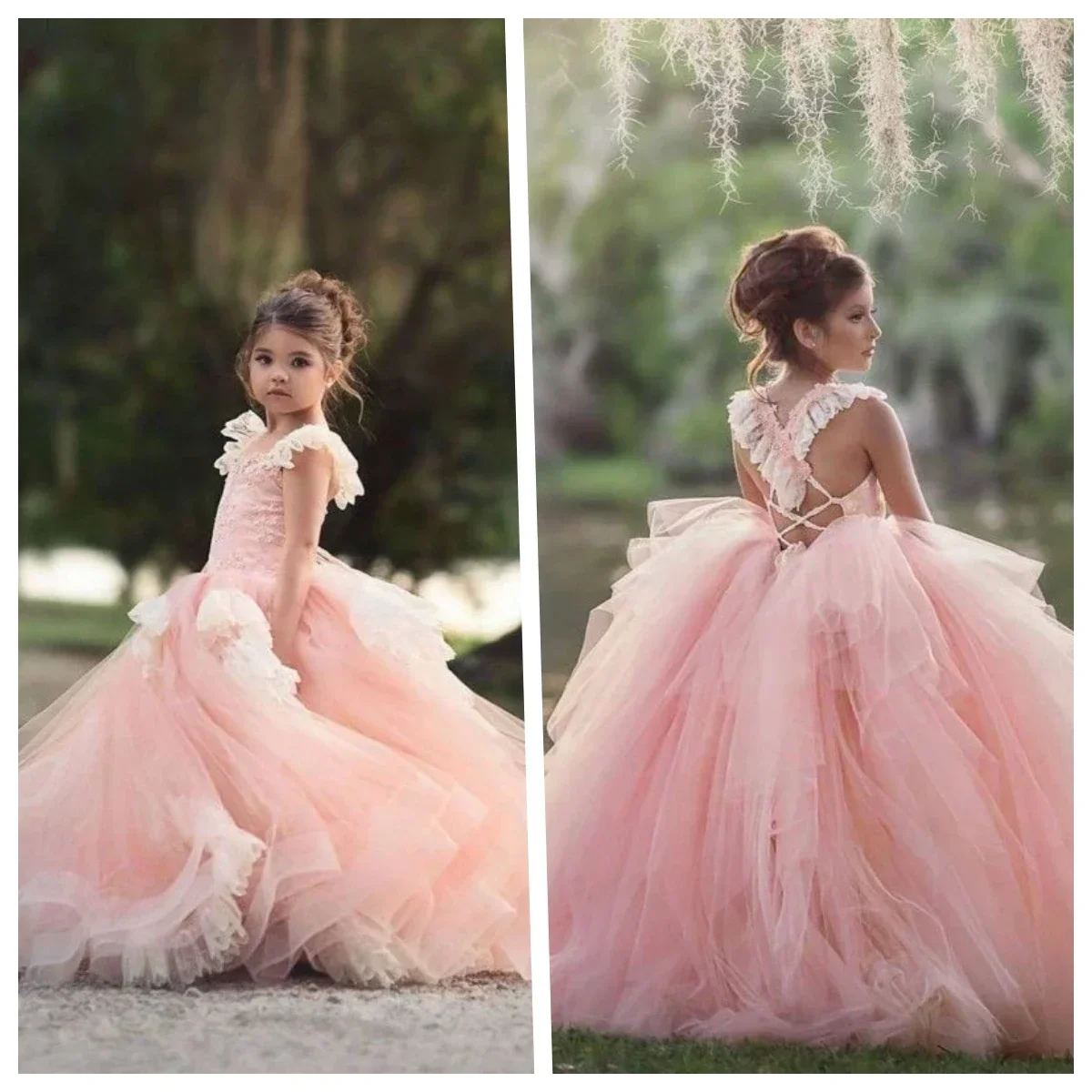 

Детское платье с кружевной аппликацией, многослойное розовое платье из фатина с цветочным принтом для девочек на свадьбу, платье для первого причастия на день рождения, платье для девочек