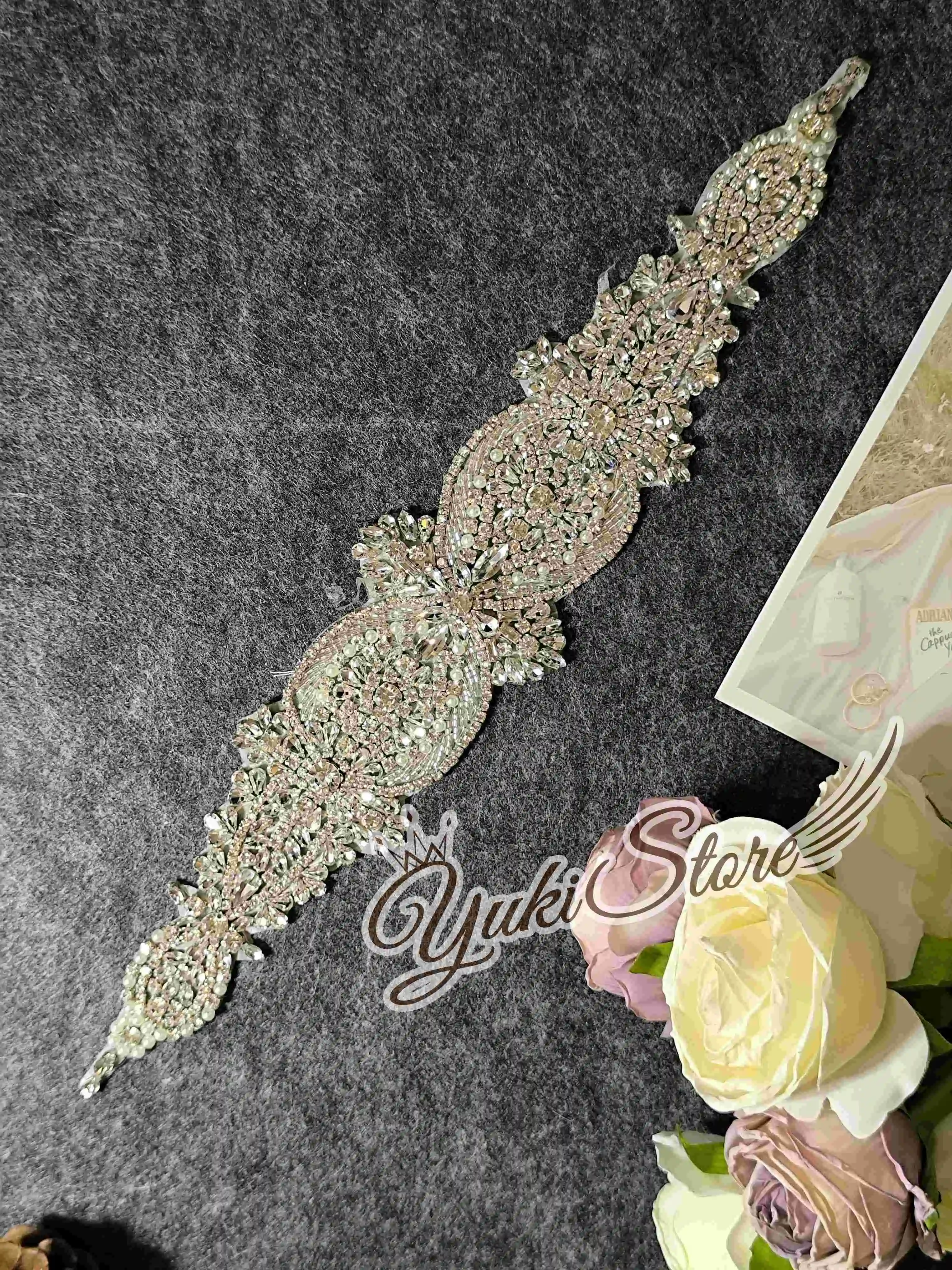 Silver Small appliques Heavy bead 3d flower lace applique floral pearls embroidery bridal lace patch YK014