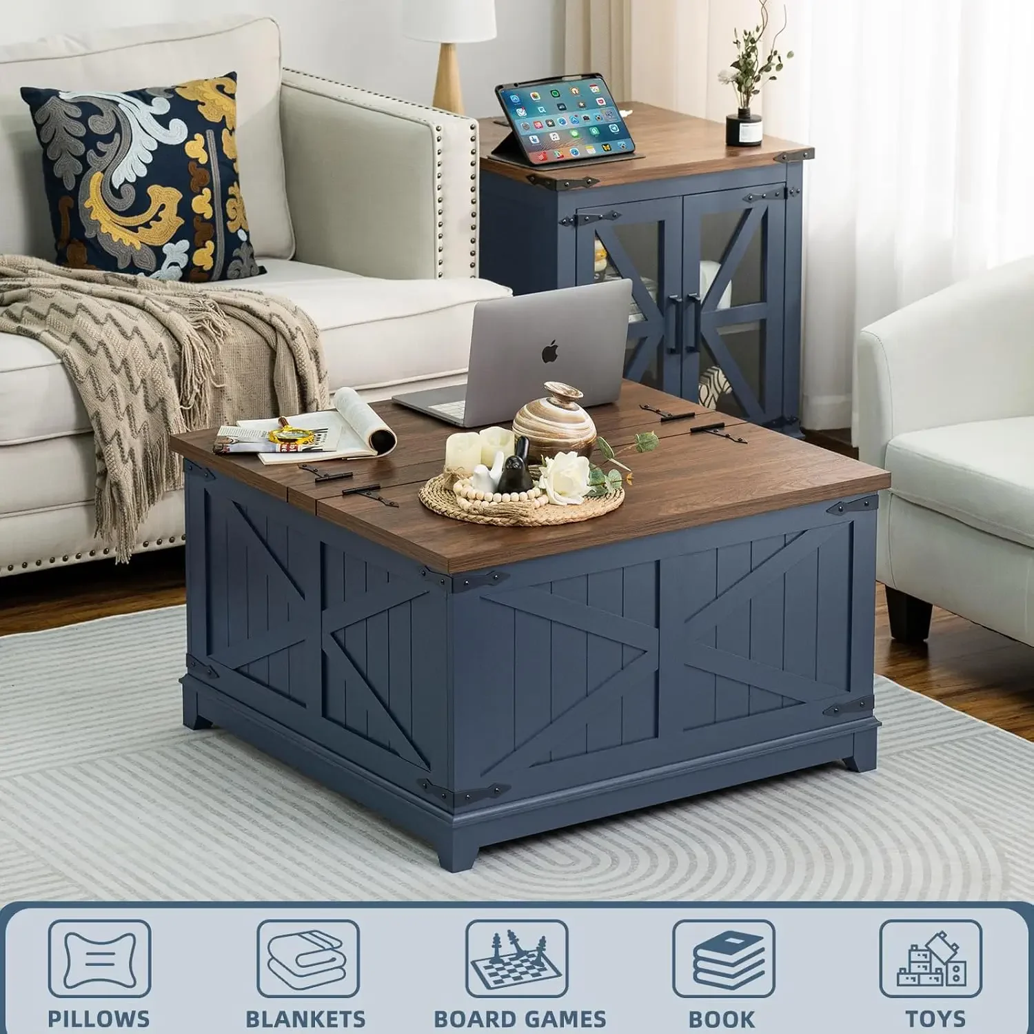 Modern Square Large Center Table, Wood Farm House Low Navy Blue Living Room Tables with Hinged Lift Top for Home, Office