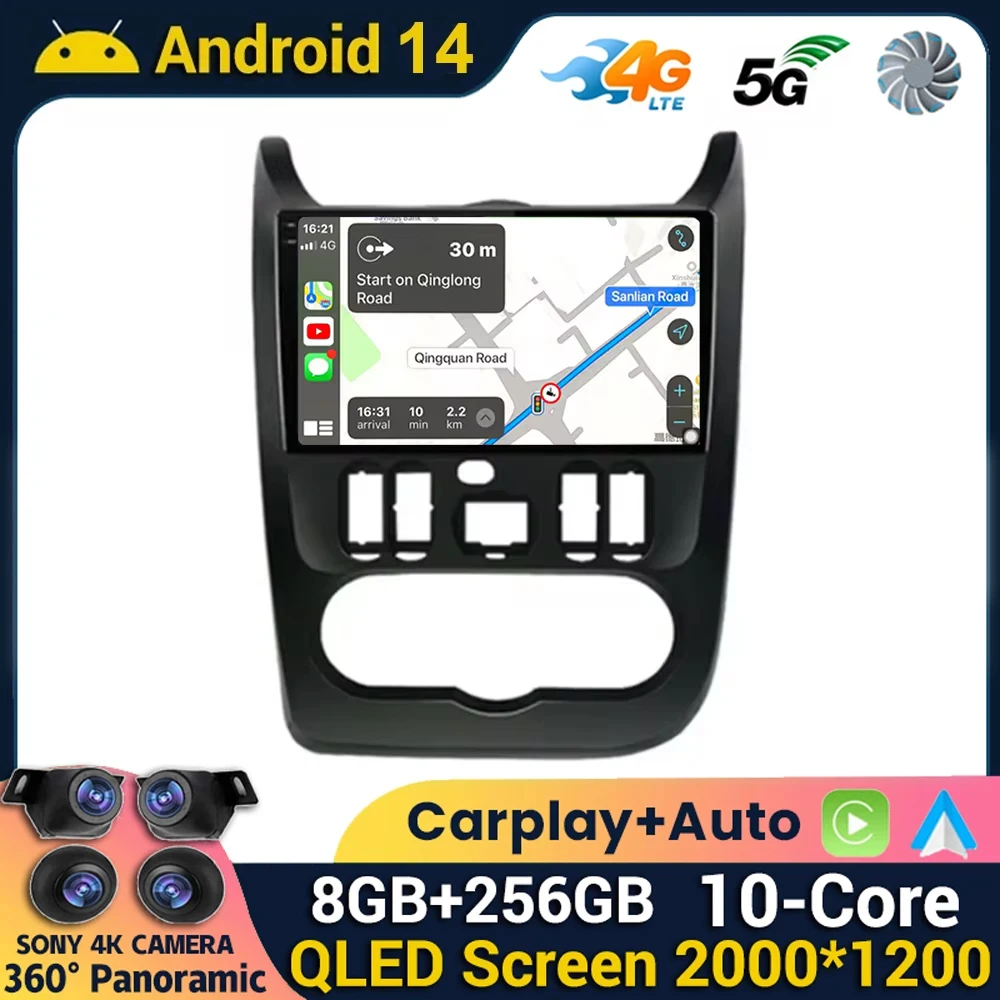 Car Radio Multimedia Video Player, Stereo de Navegação, Android 14, Renault Logan 1, Sandero 2009-2015, Dacia Duster 2010-2017