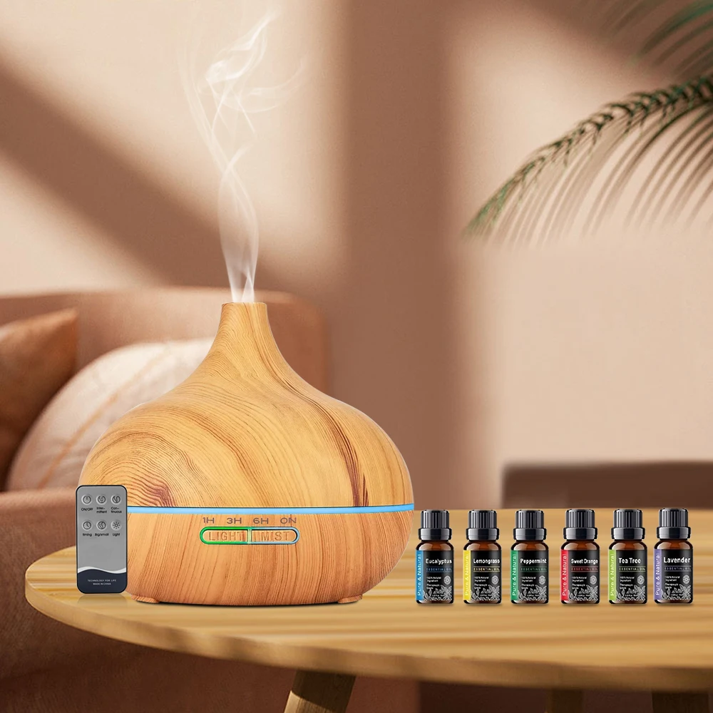 

New 550ml Wood Grain Aroma Diffuser with Remote Control and Timer, Cool Mist Humidifier for Large Room, 6 Oil Set