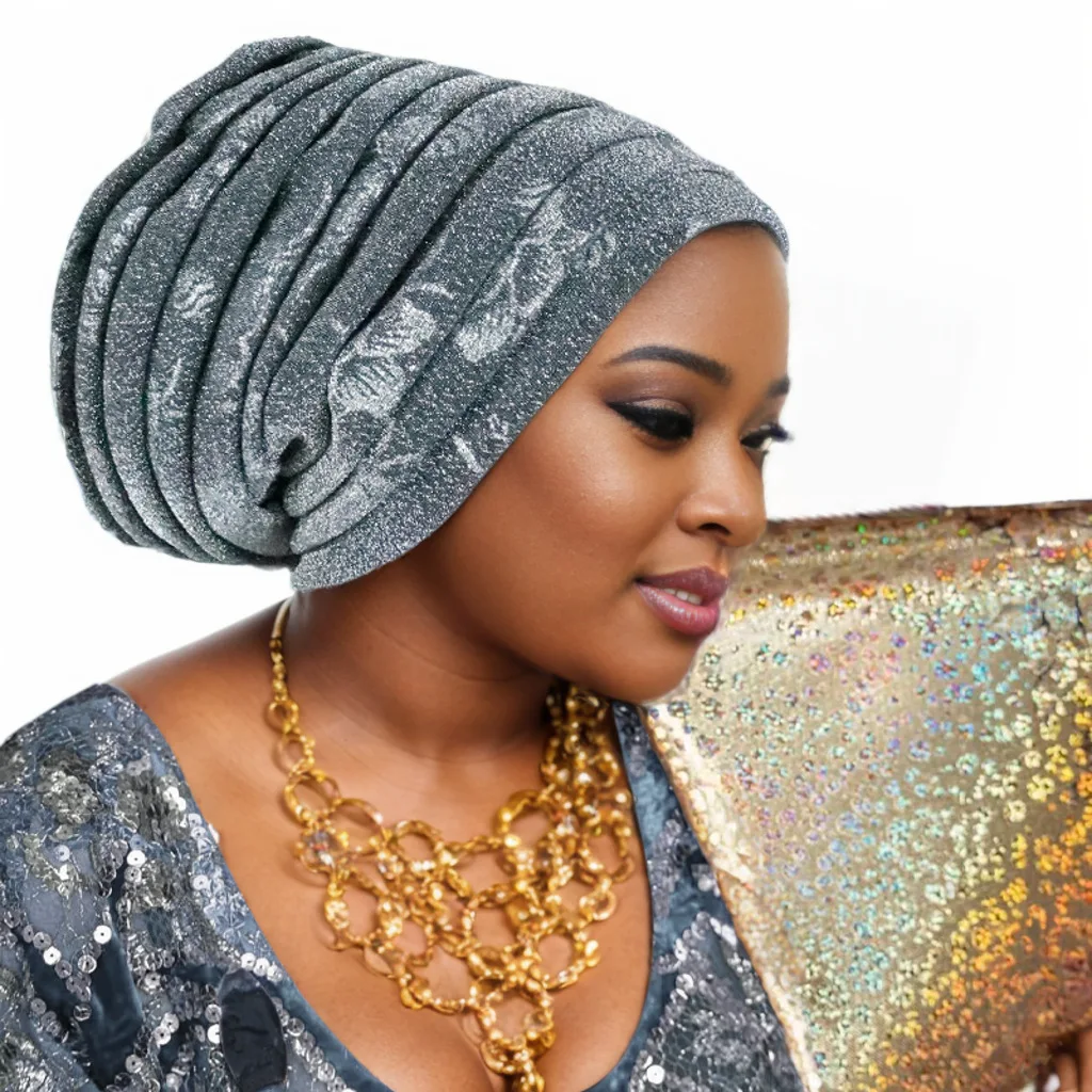 Africain dame casque musulman foulard chapeau paillettes Turban casquette pour femmes plissé bandeau Bonnet chapeaux nigérian Auto Gele