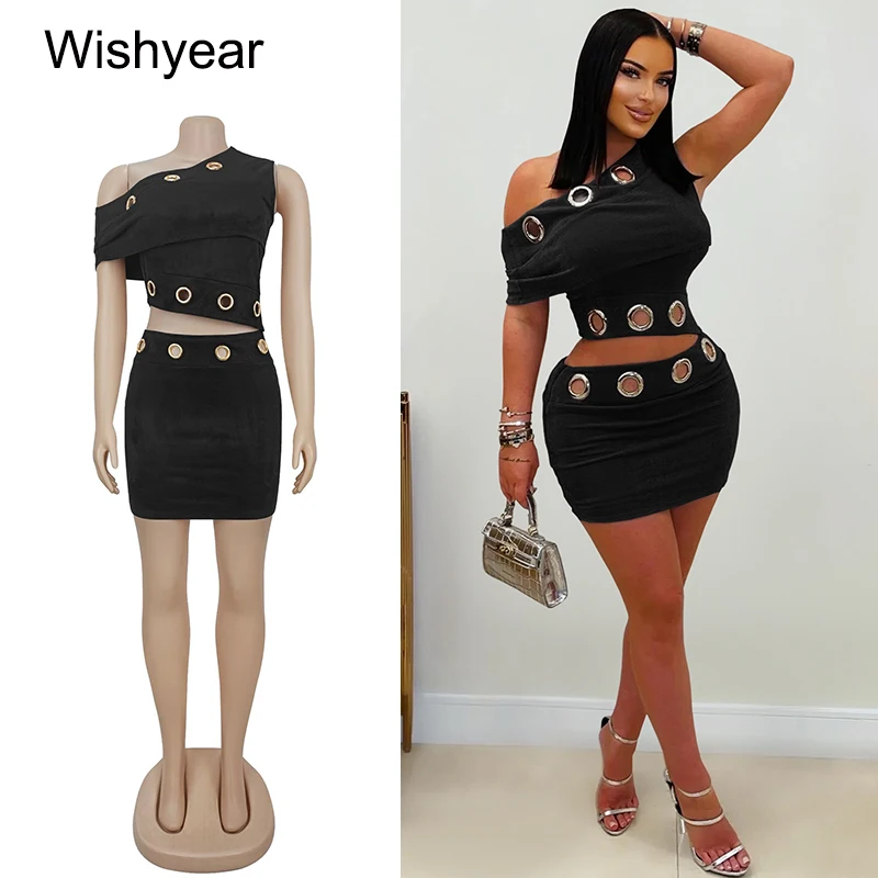 

Wishyear Women's Birthday Party Dress Set One Shoulder Crop Top with Metal Hole And Short Skirt Two-Pieces for Special Occasions