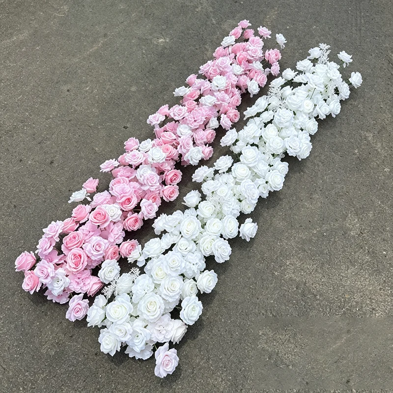 Künstlicher Tischläufer mit weißen und roten Rosen, Blumenreihe, Hochzeitstisch-Mittelstück, Blumenarrangement, Hochzeitskulisse, Bogen, Partydekoration – Detail 5