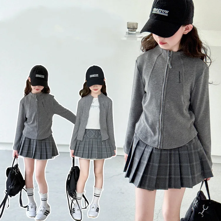

School Girls Outfit Autumn Children Girls Zipper Round Neck Coat Kids Girls Elastic Waist Pleated Skirt 5-14Y Girl Two-piece Set