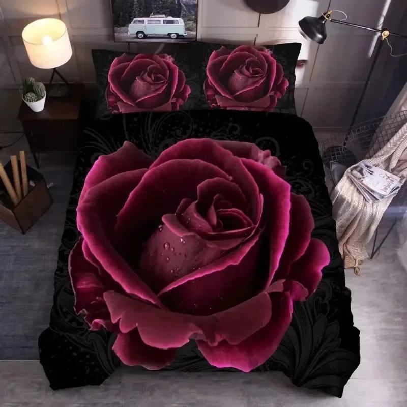 

New 3D Rose Marry Wedding Bed Clothes Bedding Set Print Purple, Red, Blue Flower Home Textile Bed Sets for Double High Quality