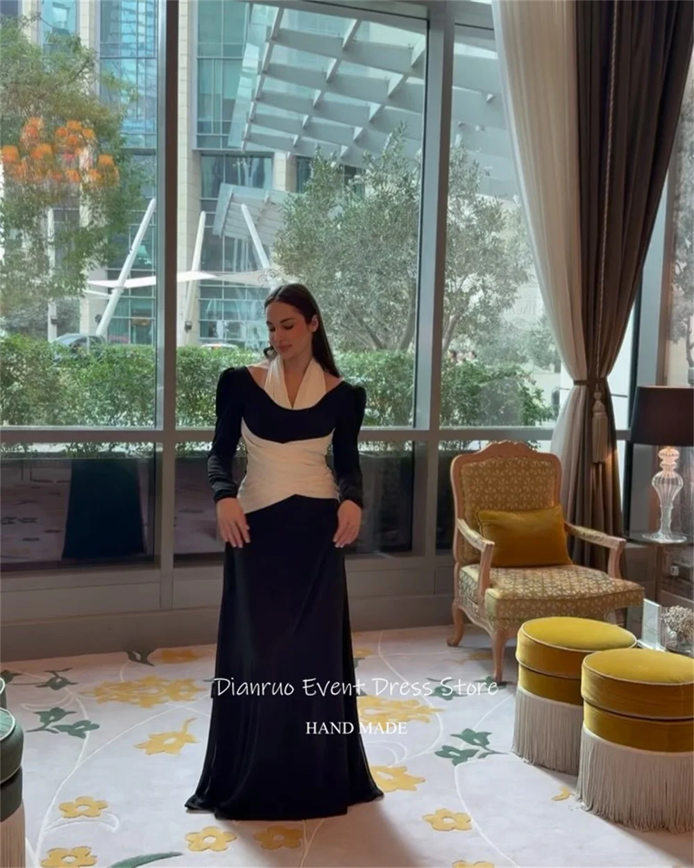 Dianruo ホルターネックプリーツイブニングドレスサテン長袖ローブ · ド · ソワレフィットボディスマキシ 2025 プロムドレスカスタマイズ