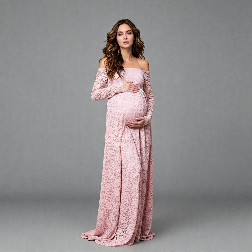 

Maternity Photoshoot Dresses Pink Off-the-Shoulder Long Sleeve Floral Dress for Pregnant Women Baby Shower Dress Woman YW6416D