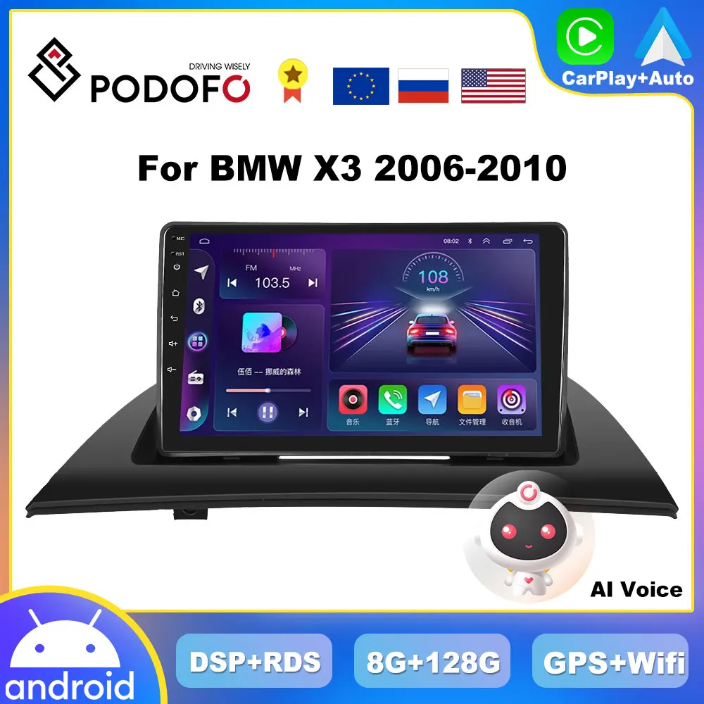 Podofo 8G+128G CarPlay Android Car Radio For BMW X3 E83 2004-2012 Multimedia Video Player GPS Navigation 2din HiFi RDS Head Unit