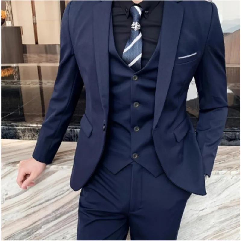 

Suit (Blazer+ Vest + Trousers) Men's Fashionable Gentleman Business British Style Solid-color Banquet Host Casual Wedding Suit