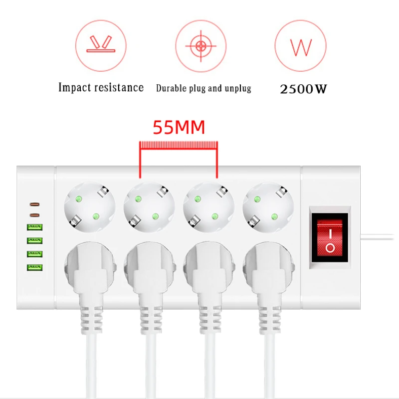 Multiprise EU EU avec 4 ports USB Type-C, prise CC, rallonge de 2m, prise électrique, prise en charge de 8/10 W, appareil ménager, 6, 2500