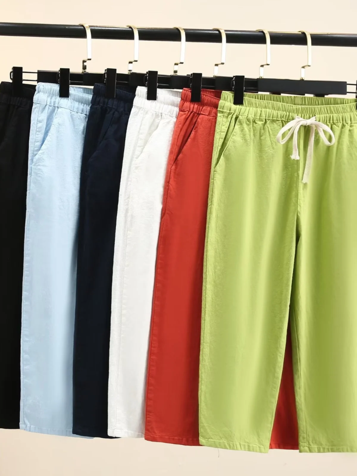 

Summer 2023 Women's Casual Harem Pants Elastic Waist Drawstring Washed Cotton Linen Elastic Large Size Seven-Foot Pants