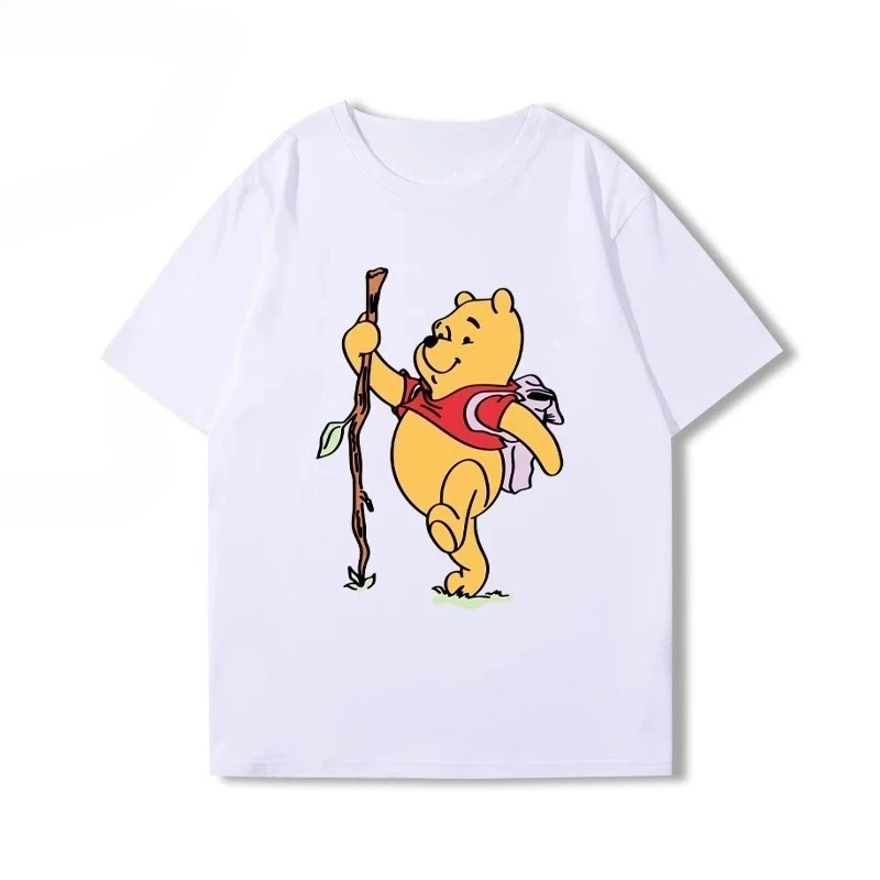 Cute Hiking Yellow Bear Print White T-shirt,Cotton Casual Tee With Stick Backpack Graphic For Daily Wear Outdoor Trip Activities