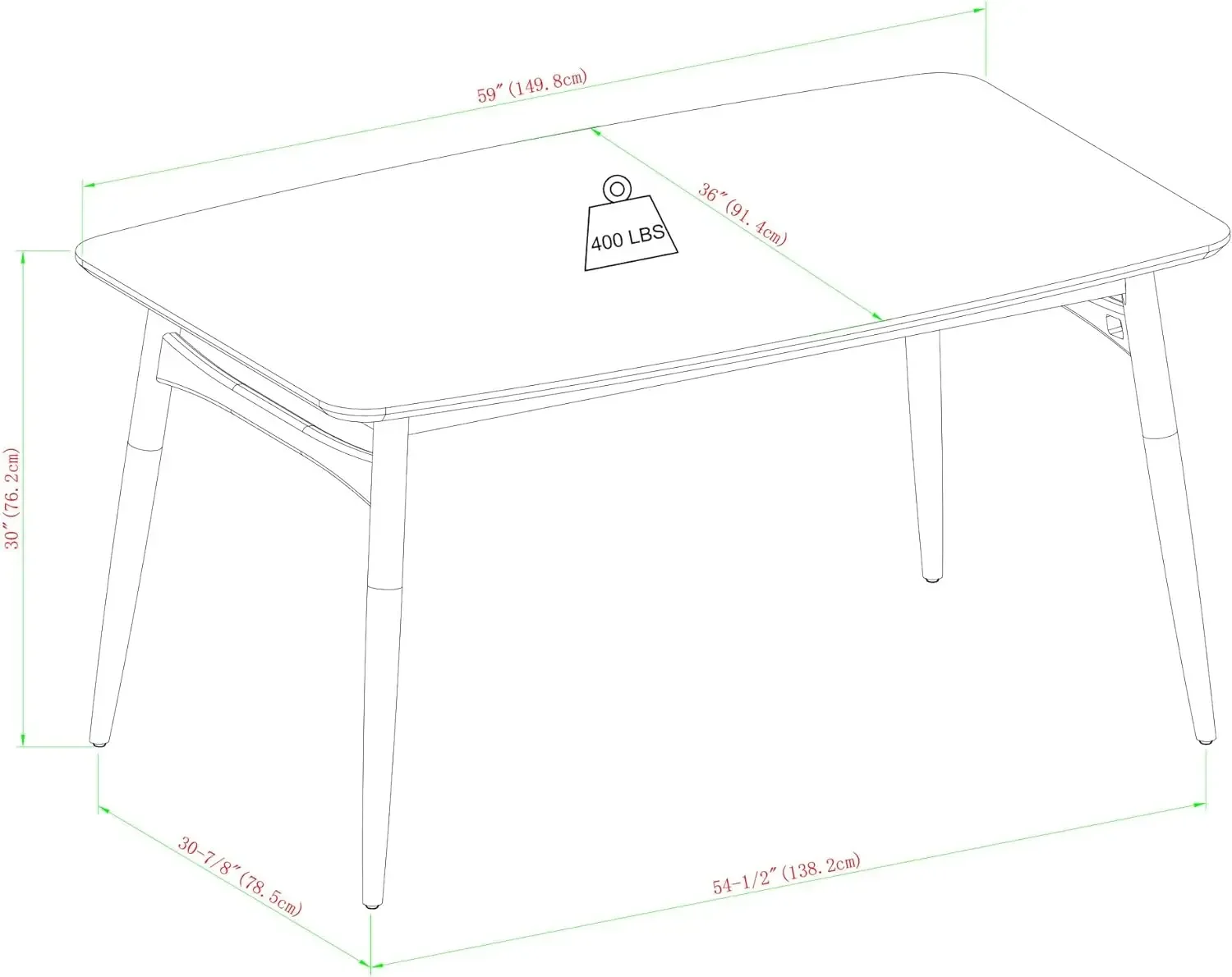 Table à manger à pieds coniques en bois massif, table moderne du milieu du siècle, 59 po, anglais ennuyeux, nouveau