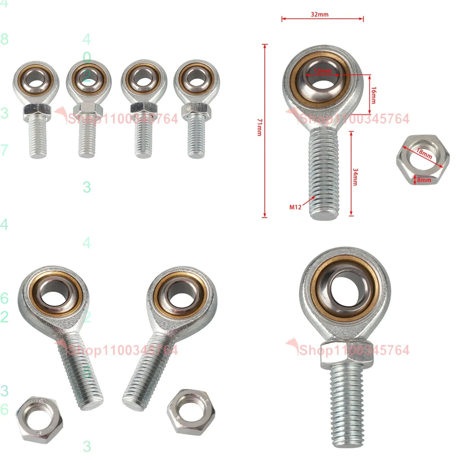 4 pieces/set M12 External Thread Ball Bearing Fisheye Rod End Joint Bearing Threaded Automotive Damper Swing Bearing