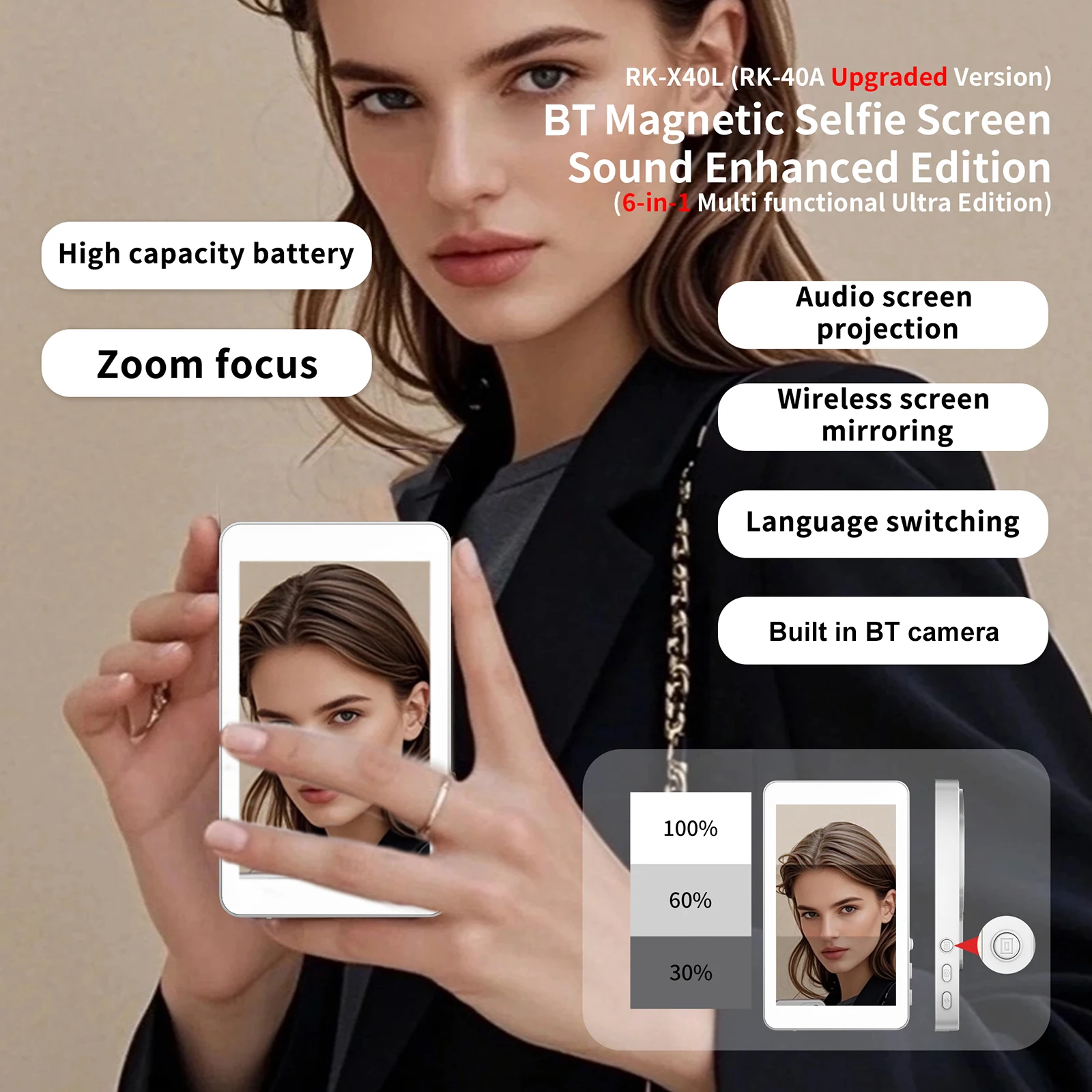 

Magnetic Phone Vlog Selfie Monitor Screen Back Camera Selfie Monitor (White)