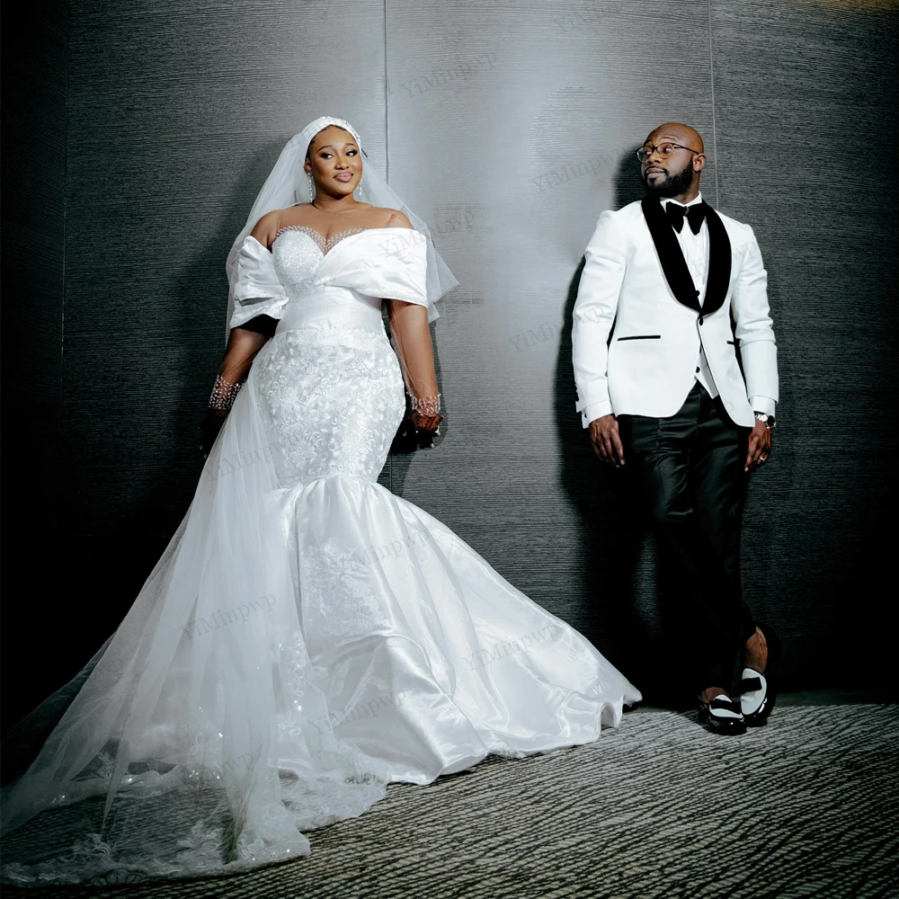 

Crystals Mermaid Wedding Dress Applique Beading Illusion Sleeve Lace Up Back Bride Gowns For African Women vestidos de novias