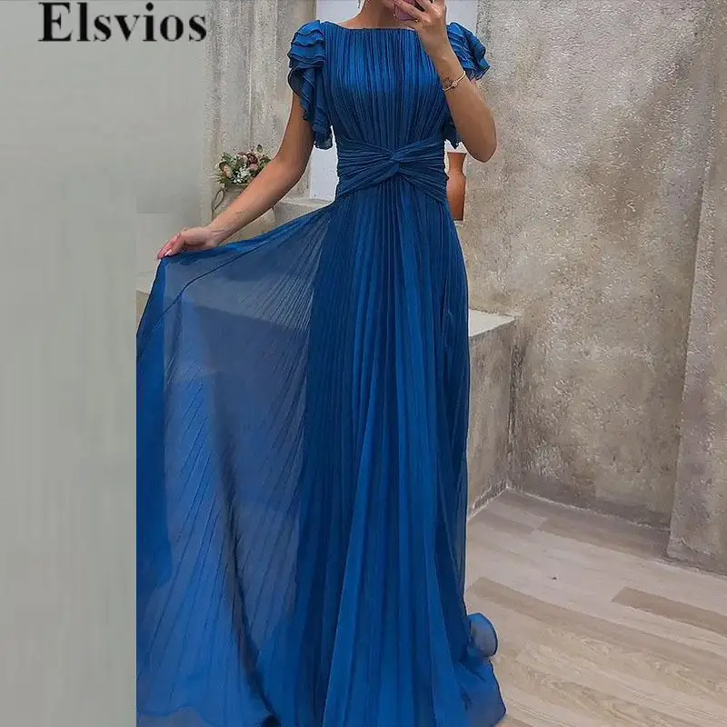 

Women Sexy Solid Ruffles Evening Party Dress Summer O-Neck Cross Waisted A-line Dress Summer Ladies Pleated Gala Maxi Dress