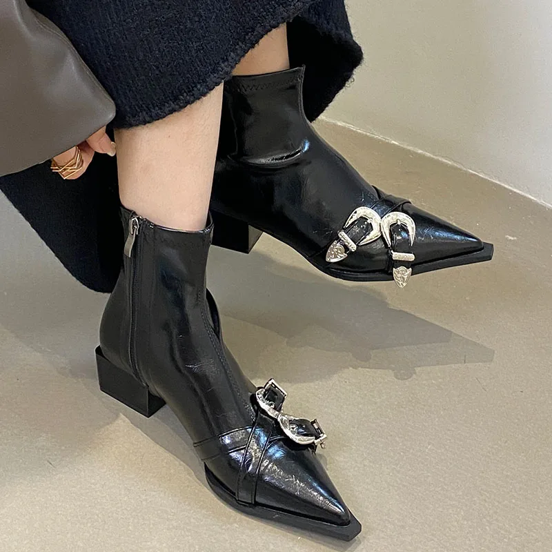 Female Fashion Pointed Toe Ladies Short Stretch Boots Shoes Footwear Designer Metal Buckle Women Ankle Boots With Low Heel Shoes