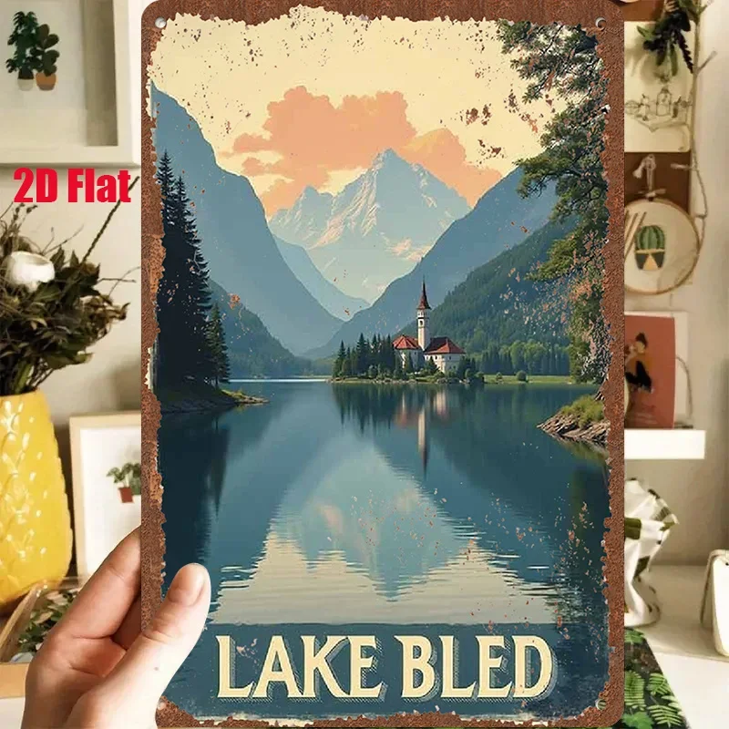 2D Flat - 1pc 2D[Flat] Lake And Mountain Tin Plate Painting, 8X12 Inches/20X30 Cm, Depicting a Tranquil Lake And Distant Snow Mo
