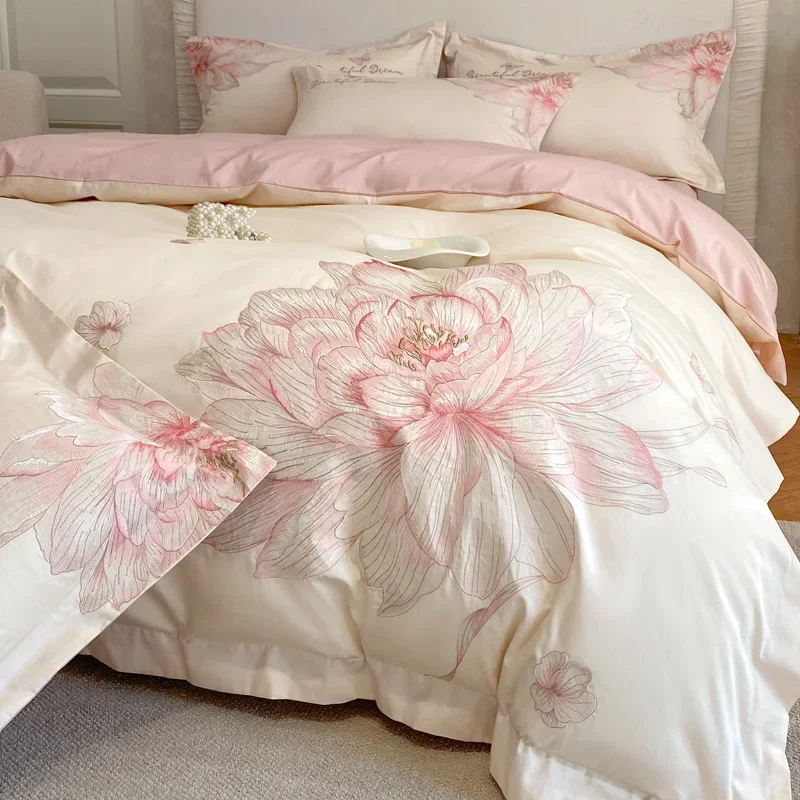 1000TC Egyptian Cotton Flowers Embroidery Luxury Bedding Set Cream/Pink Duvet Cover Set Flat/Fitted Bed Sheet Pillowcases 4Pcs