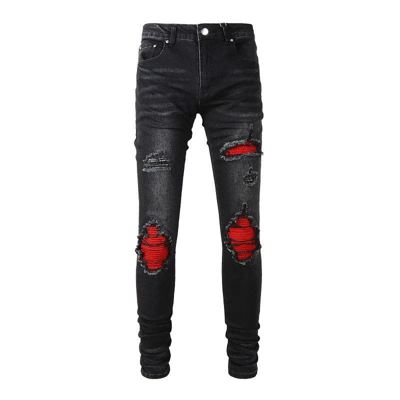 Herren Rote Rissige Plissierte Patchwork-Biker-Jeans Streetwear Stretch-Denim-Hose Skinny Tapered Schwarze Hose – Detail 3