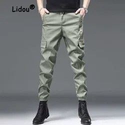 Classic Solid Color Thin Pocket Patch Cargo Pants Men's High Quality Waist Drawstring Street Casual Male All-match Trousers