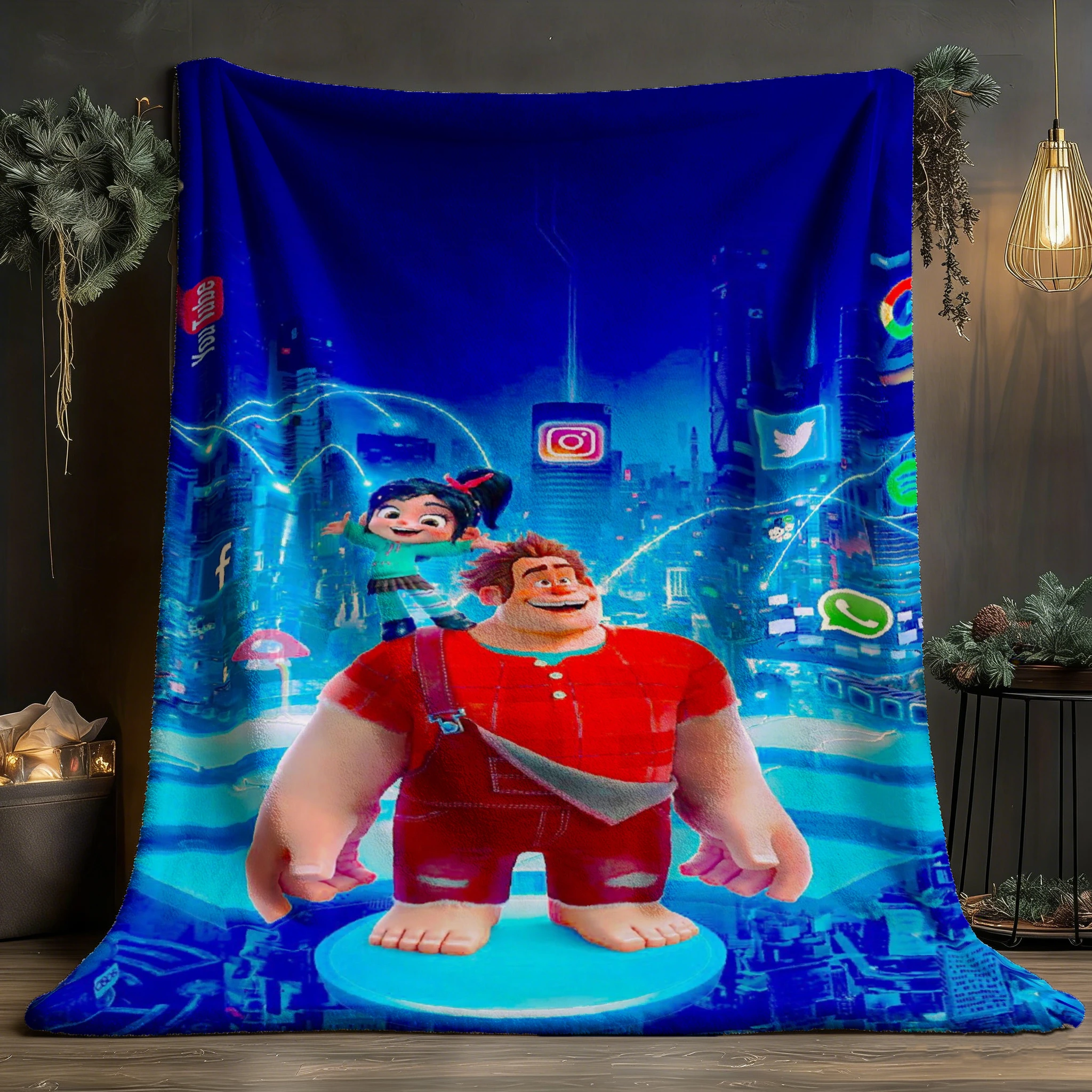 Manta de franela de Disney adecuada para las cuatro estaciones, con diseño de Ralph y Vanellope en la ciudad, para viajes, camping, sala de estar, oficina, lavable a máquina, 1 ud.