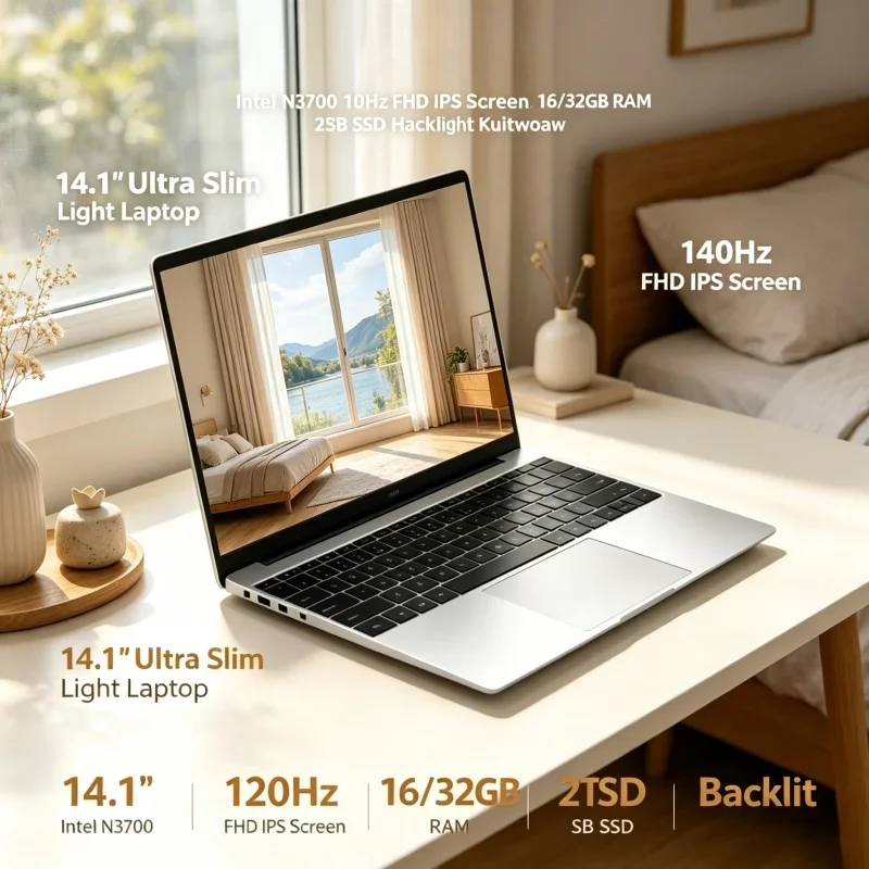 

2026 New Hot Top 14.1 Inch Laptop Intel N3700 120Hz FHD IPS 16/32GB RAM 2TB SSD Backlit Keyboard