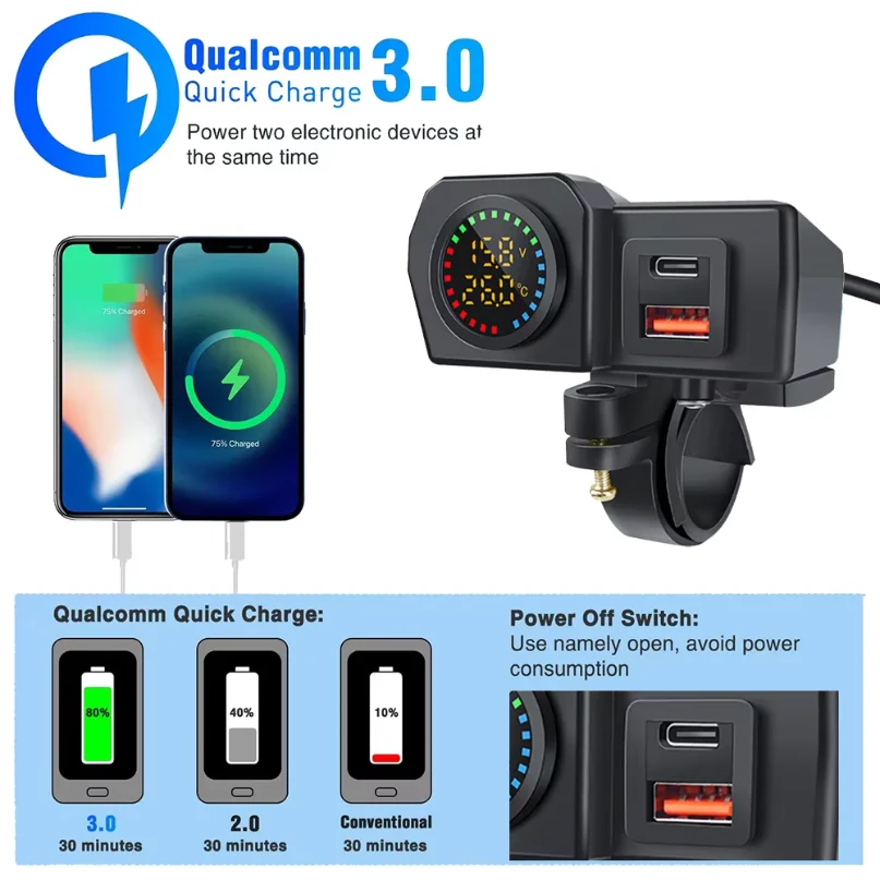 Color Display Dual QC3.0 PD Motorcycle Charger Fast Charging Voltmeter Thermometer Digital Display Mobile Phone Charger Socket